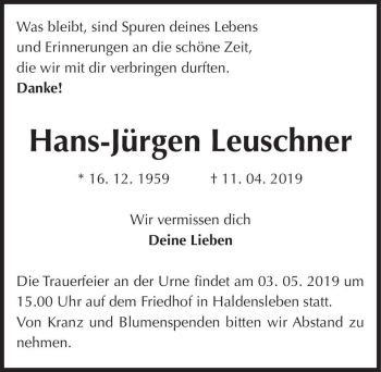 Traueranzeige von Hans-Jürgen Leuschner  von Magdeburger Volksstimme