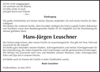Traueranzeige von Hans-Jürgen Leuschner  von Magdeburger Volksstimme