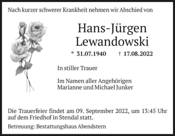 Traueranzeige von Hans-Jürgen Lewandowski  von Magdeburger Volksstimme
