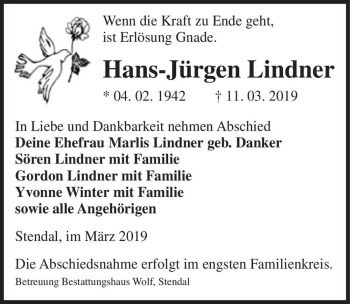 Traueranzeige von Hans-Jürgen Lindner  von Magdeburger Volksstimme