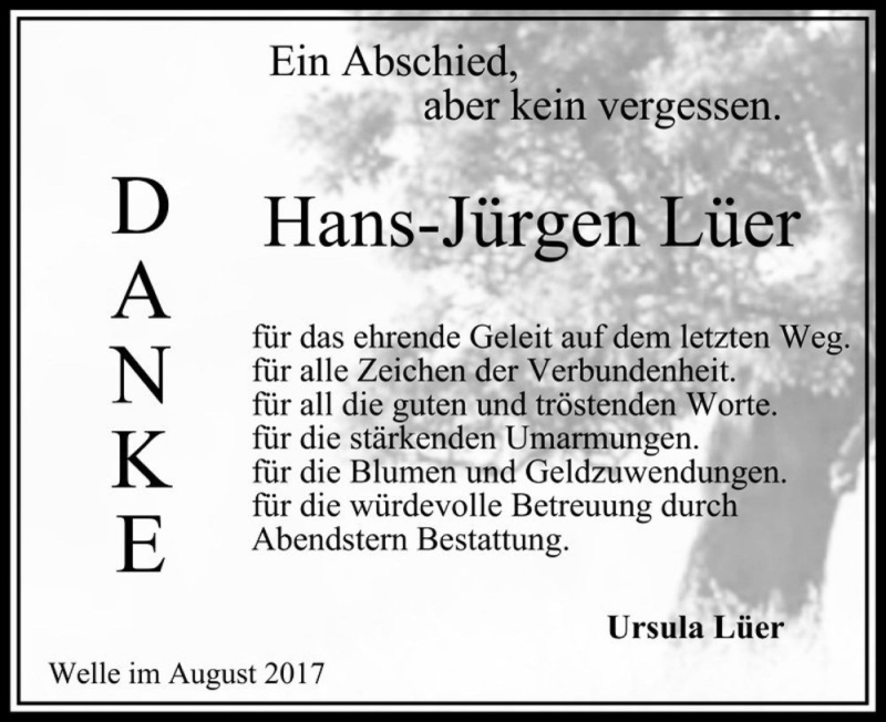  Traueranzeige für Hans-Jürgen Lüer  vom 19.08.2017 aus Magdeburger Volksstimme