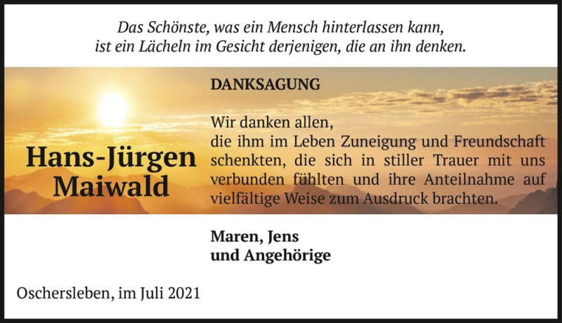  Traueranzeige für Hans-Jürgen Maiwald  vom 17.07.2021 aus Magdeburger Volksstimme