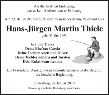 Traueranzeige von Hans-Jürgen Martin Thiele  von Magdeburger Volksstimme