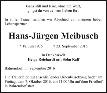 Traueranzeige von Hans-Jürgen Meibusch  von Magdeburger Volksstimme