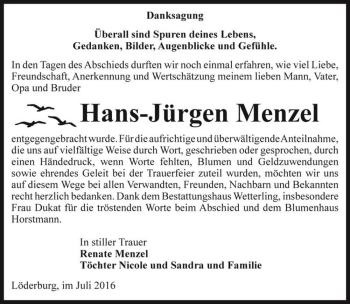 Traueranzeige von Hans-Jürgen Menzel  von Magdeburger Volksstimme