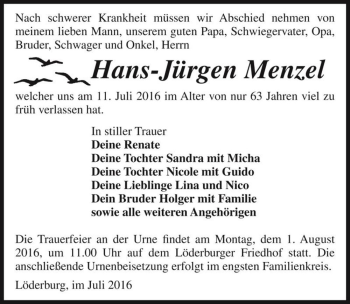 Traueranzeige von Hans-Jürgen Menzel  von Magdeburger Volksstimme