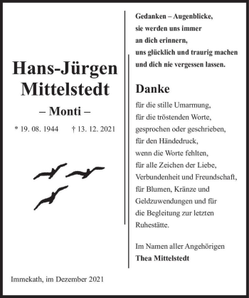 Traueranzeige von Hans-Jürgen Mittelstedt - Monti -  von Magdeburger Volksstimme