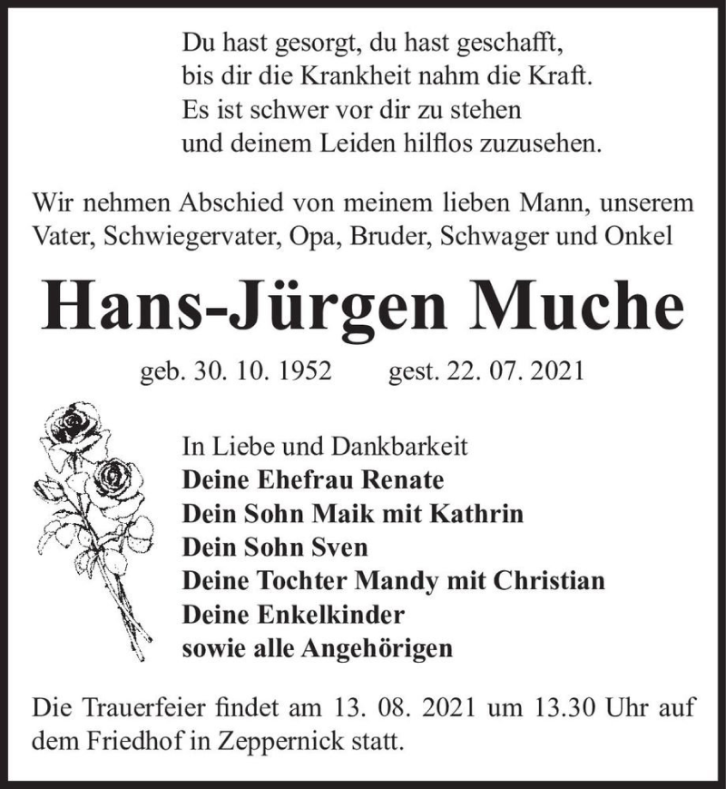  Traueranzeige für Hans-Jürgen Muche  vom 31.07.2021 aus Magdeburger Volksstimme