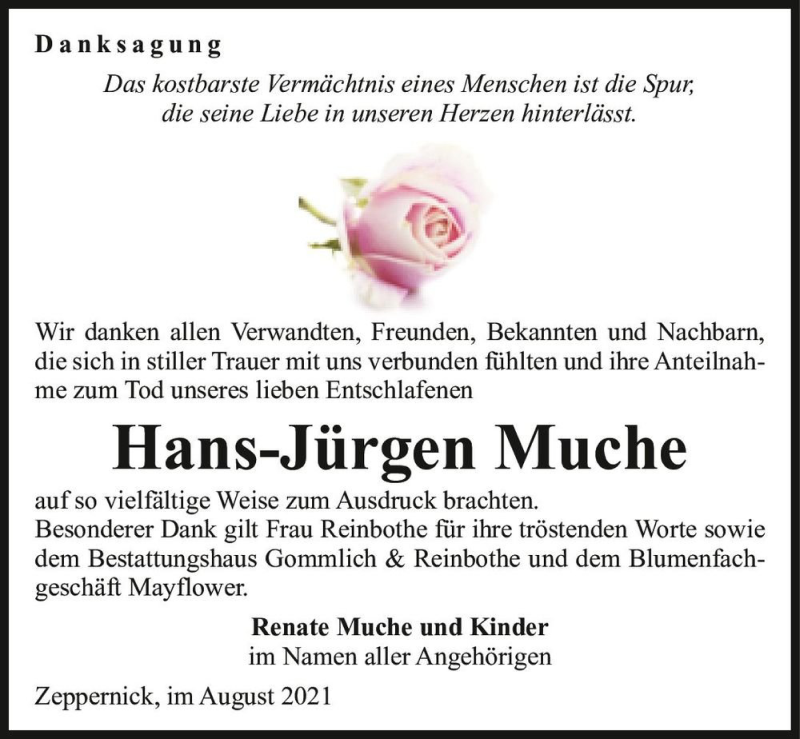  Traueranzeige für Hans-Jürgen Muche  vom 28.08.2021 aus Magdeburger Volksstimme