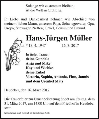 Traueranzeige von Hans-Jürgen Müller  von Magdeburger Volksstimme