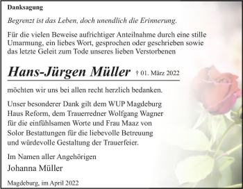 Traueranzeige von Hans-Jürgen Müller  von Magdeburger Volksstimme