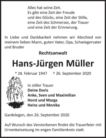 Traueranzeige von Hans-Jürgen Müller  von Magdeburger Volksstimme