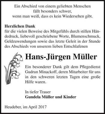Traueranzeige von Hans-Jürgen Müller  von Magdeburger Volksstimme