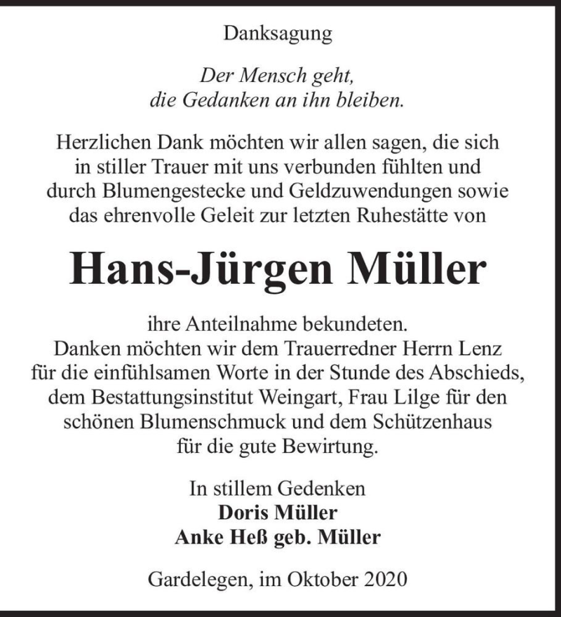  Traueranzeige für Hans-Jürgen Müller  vom 29.10.2020 aus Magdeburger Volksstimme