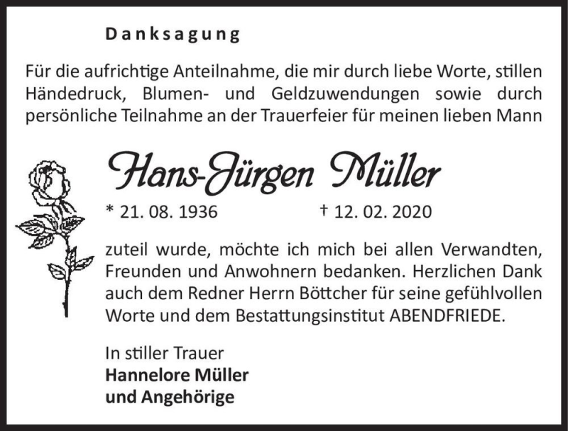  Traueranzeige für Hans-Jürgen Müller  vom 22.02.2020 aus Magdeburger Volksstimme