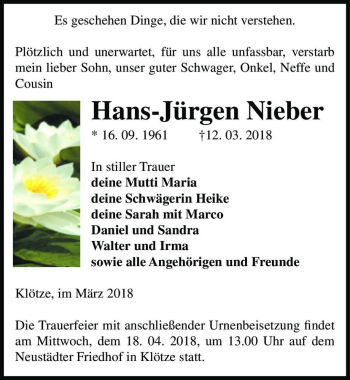 Traueranzeige von Hans-Jürgen Nieber  von Magdeburger Volksstimme