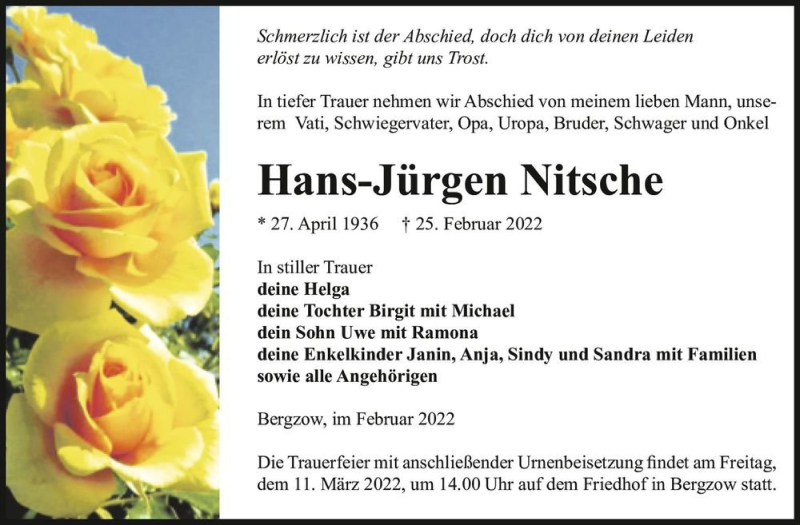  Traueranzeige für Hans-Jürgen Nitsche  vom 05.03.2022 aus Magdeburger Volksstimme