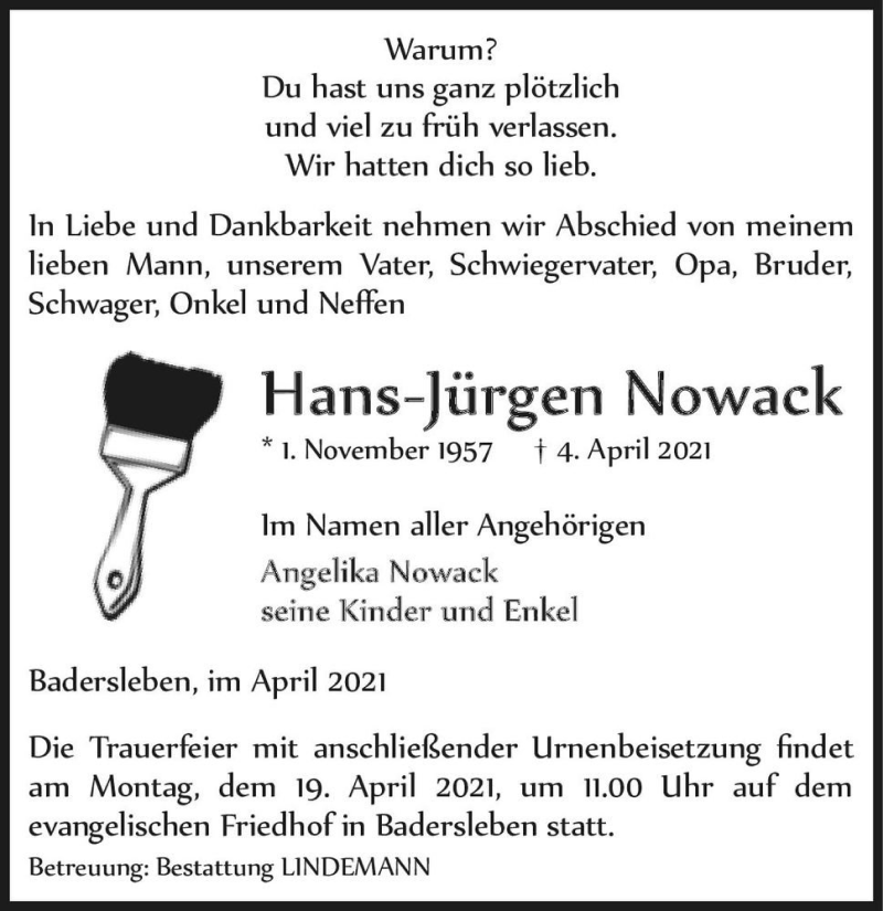  Traueranzeige für Hans-Jürgen Nowack  vom 10.04.2021 aus Magdeburger Volksstimme