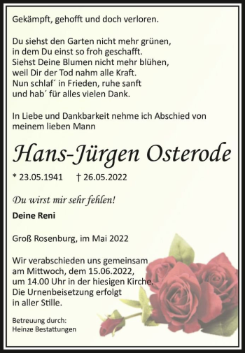 Traueranzeige von Hans - Jürgen Osterode  von Magdeburger Volksstimme