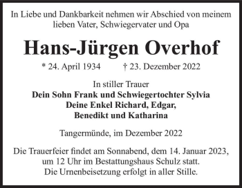 Traueranzeige von Hans-Jürgen Overhof  von Magdeburger Volksstimme