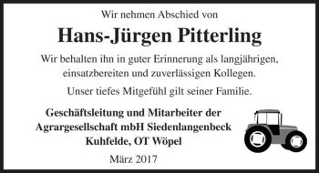 Traueranzeige von Hans-Jürgen Pitterling  von Magdeburger Volksstimme
