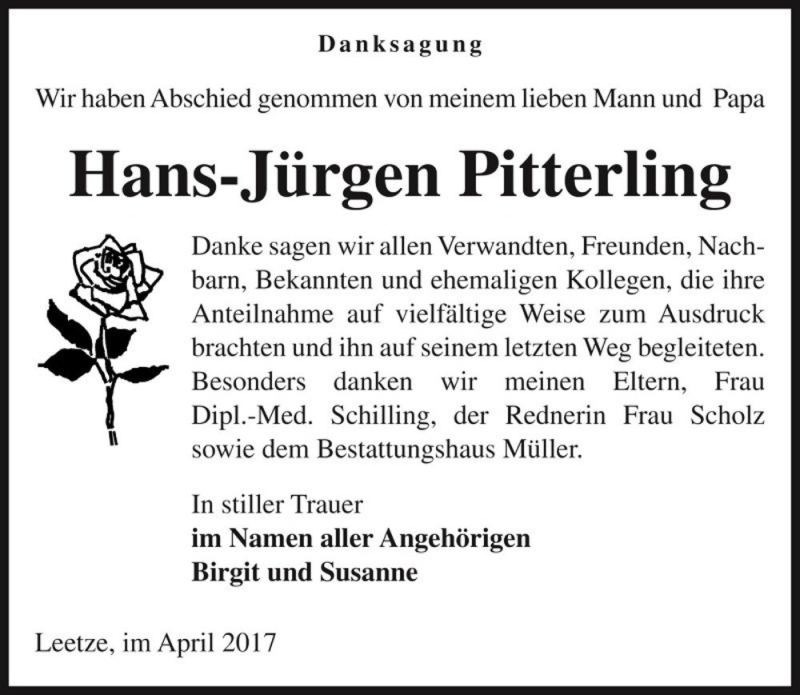  Traueranzeige für Hans-Jürgen Pitterling  vom 12.04.2017 aus Magdeburger Volksstimme