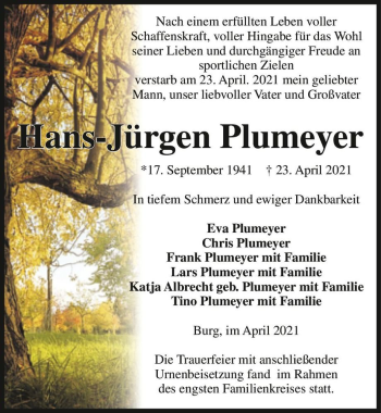 Traueranzeige von Hans-Jürgen Plumeyer  von Magdeburger Volksstimme