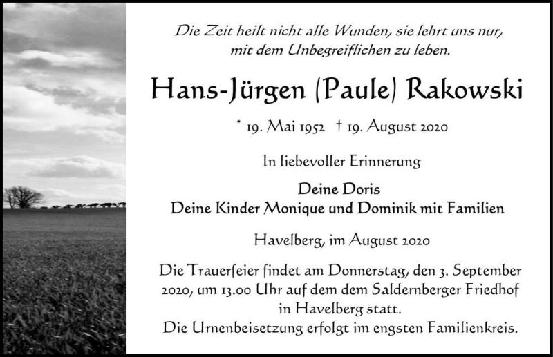  Traueranzeige für Hans-Jürgen Rakowski  vom 22.08.2020 aus Magdeburger Volksstimme