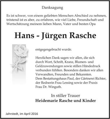 Traueranzeige von Hans-Jürgen Rasche  von Magdeburger Volksstimme