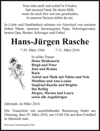 Traueranzeige von Hans-Jürgen Rasche  von Magdeburger Volksstimme