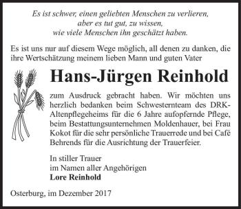 Traueranzeige von Hans-Jürgen Reinhold  von Magdeburger Volksstimme