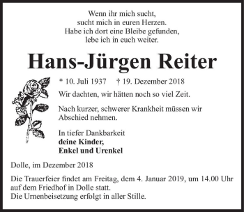 Traueranzeige von Hans-Jürgen Reiter  von Magdeburger Volksstimme
