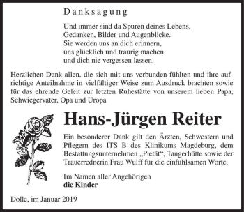 Traueranzeige von Hans-Jürgen Reiter  von Magdeburger Volksstimme