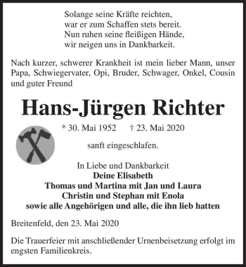 Traueranzeige von Hans-Jürgen Richter  von Magdeburger Volksstimme