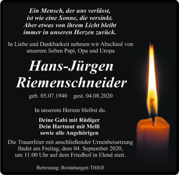 Traueranzeige von Hans-Jürgen Riemenschneider  von Magdeburger Volksstimme