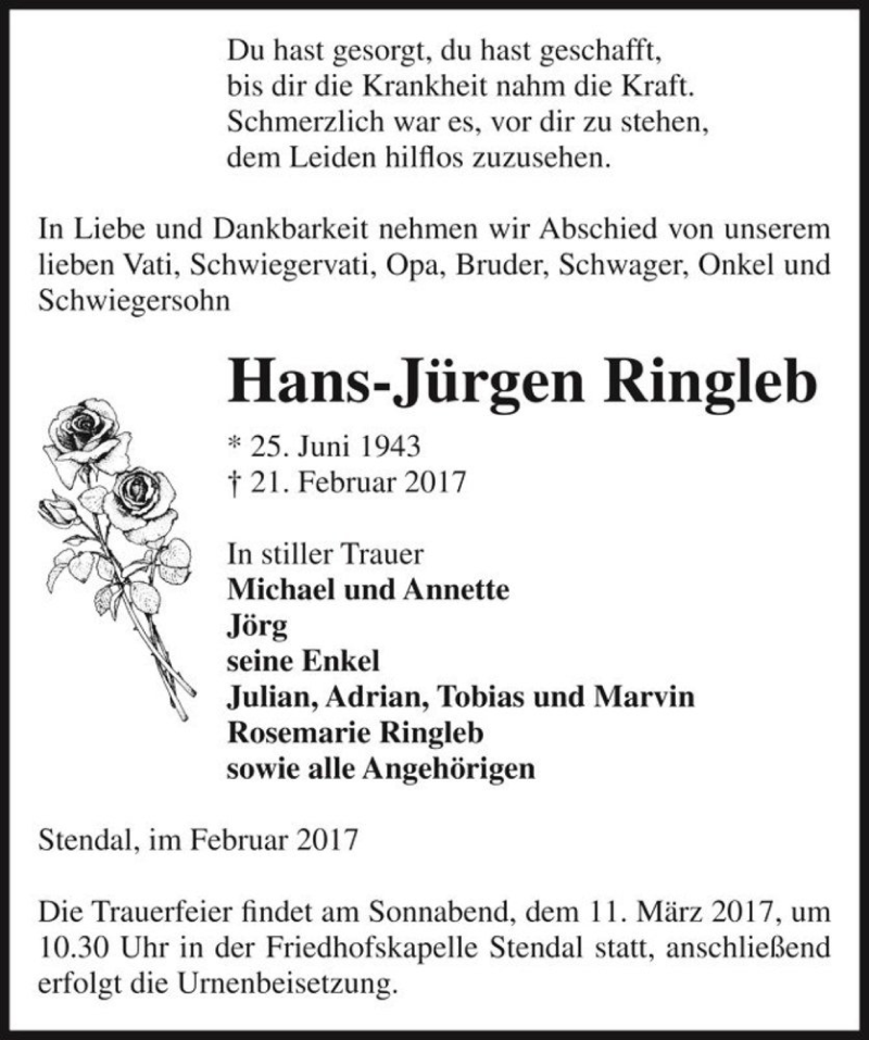  Traueranzeige für Hans-Jürgen Ringleb  vom 25.02.2017 aus Magdeburger Volksstimme
