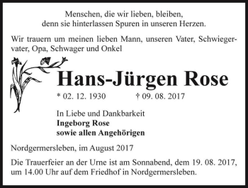 Traueranzeige von Hans-Jürgen Rose  von Magdeburger Volksstimme