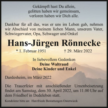 Traueranzeige von Hans-Jürgen Rönnecke  von Magdeburger Volksstimme