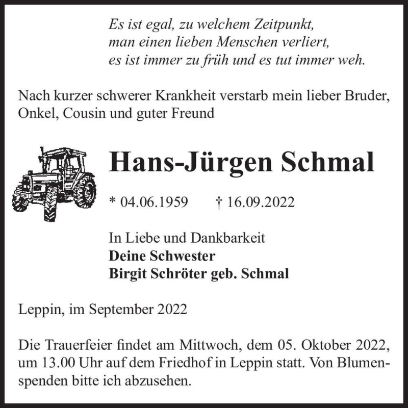  Traueranzeige für Hans-Jürgen Schmal  vom 24.09.2022 aus Magdeburger Volksstimme