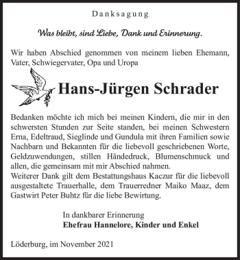 Traueranzeige von Hans-Jürgen Schrader  von Magdeburger Volksstimme