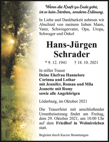 Traueranzeige von Hans-Jürgen Schrader  von Magdeburger Volksstimme