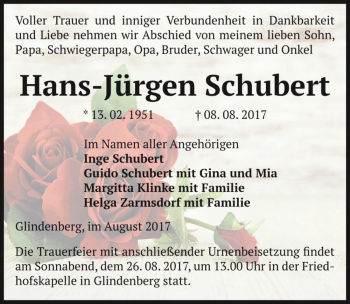 Traueranzeige von Hans-Jürgen Schubert  von Magdeburger Volksstimme