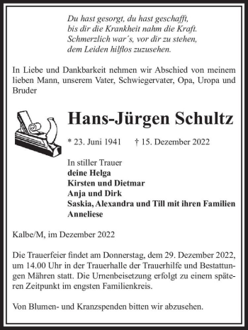 Traueranzeige von Hans-Jürgen Schultz  von Magdeburger Volksstimme