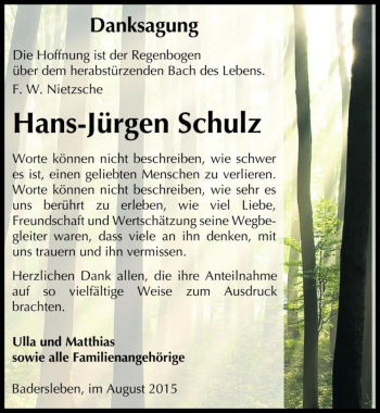 Traueranzeige von Hans-Jürgen Schulz  von Magdeburger Volksstimme