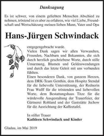 Traueranzeige von Hans-Jürgen Schwindack  von Magdeburger Volksstimme
