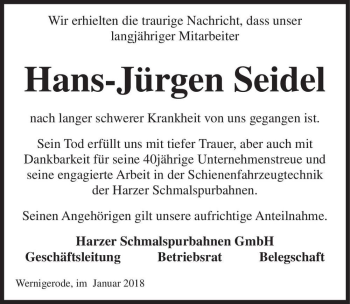 Traueranzeige von Hans-Jürgen Seidel  von Magdeburger Volksstimme