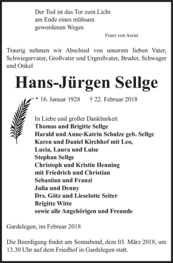 Traueranzeige von Hans-Jürgen Sellge  von Magdeburger Volksstimme