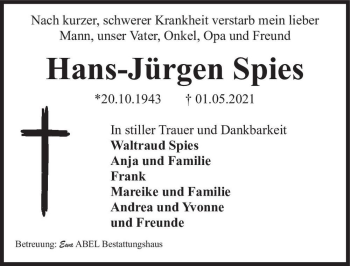 Traueranzeige von Hans-Jürgen Spies  von Magdeburger Volksstimme