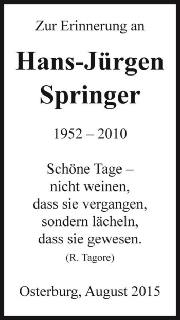 Traueranzeige von Hans-Jürgen Springer  von Magdeburger Volksstimme