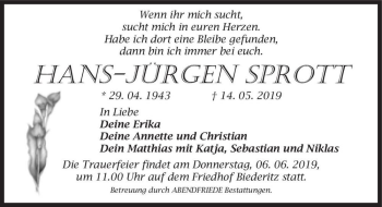 Traueranzeige von Hans-Jürgen Sprott  von Magdeburger Volksstimme